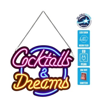 GloboStar® 85850 Φωτιστικό Ταμπέλα Φωτεινή Επιγραφή NEON LED Σήμανσης COCKTAILS & DREAMS 30W AC 230V με Διακόπτη On-Off Ροζ - Γαλάζιο - Κίτρινο